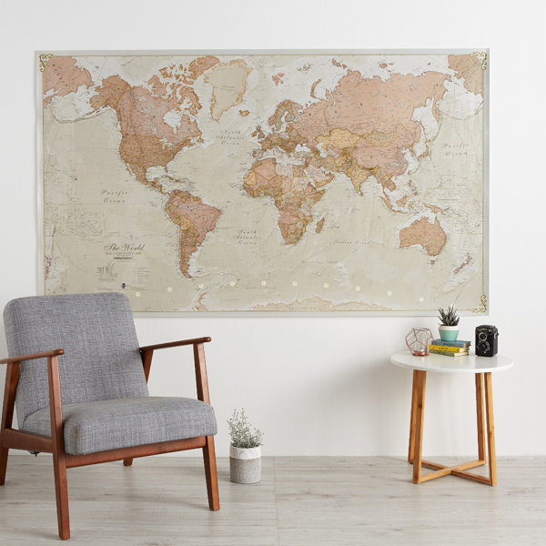 World Political Map - Polar Caps & Flags border - outlets Matt Laminated Pin Board - Framed Driftwood Effect